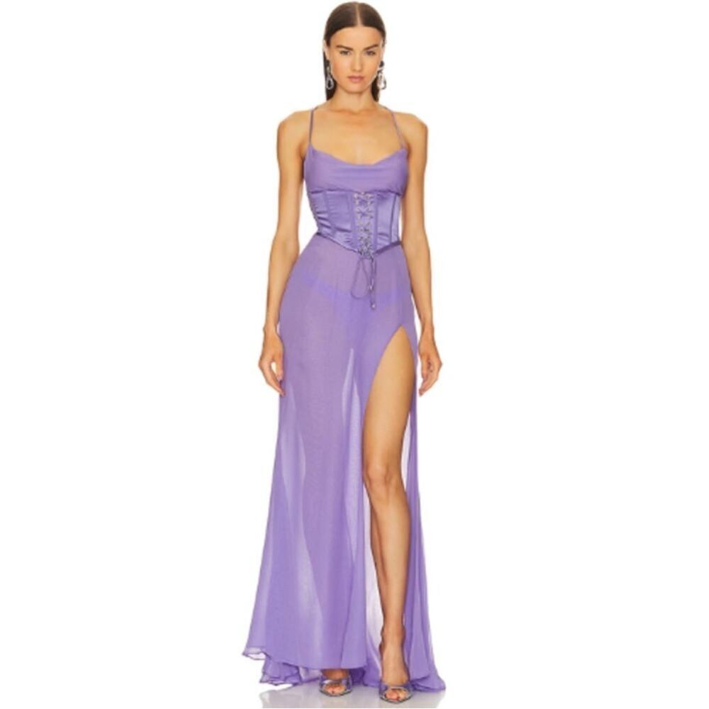 Retrofete Larissa Corset Dress Silk lilac high slit dress size XXS NWT